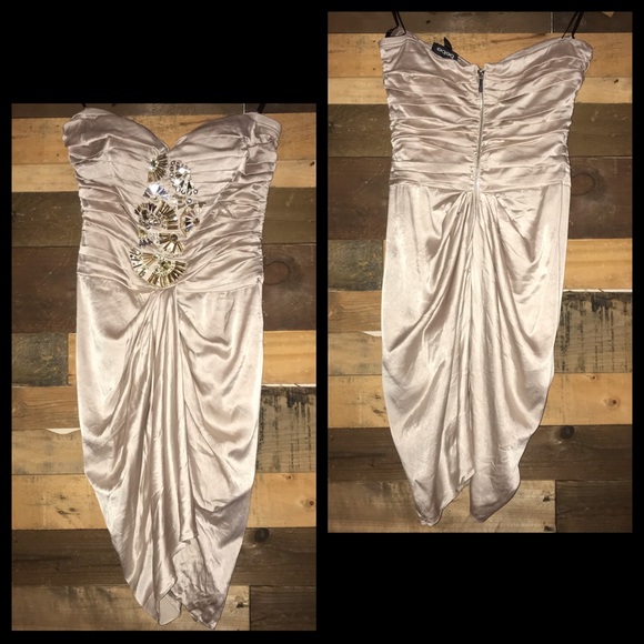 Bebe Silk Champagne Beaded Sequin Embellished Corset Tulip Cocktail Party Dress - Picture 5 of 11